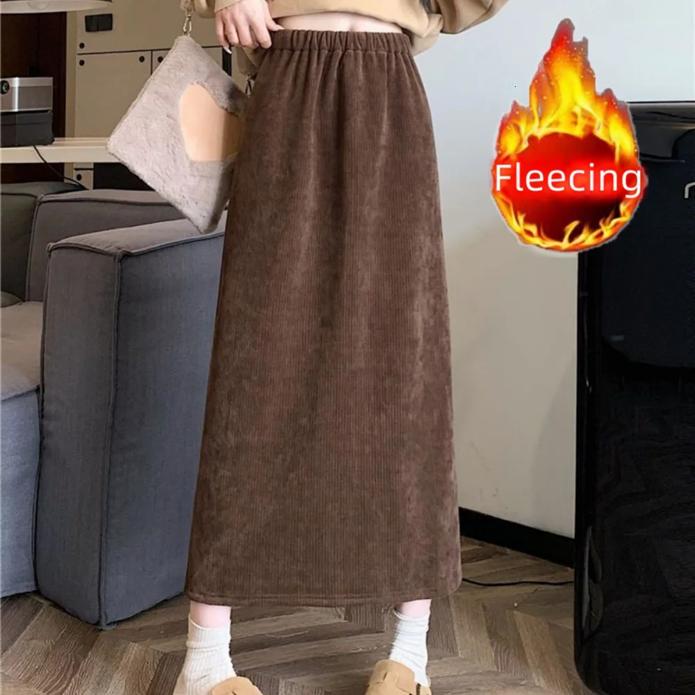 Vintage Elegant Office Ladys A-Line Skirt Back Slit Elastic Waist Thick Womens Skirt In Winter Fleece Warm Females Skirt 250619