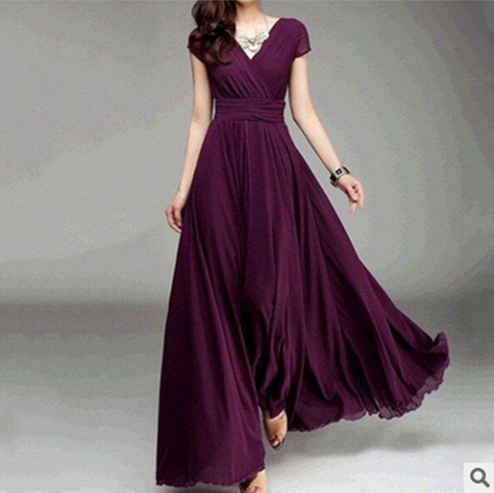 X619Cross-border V-neck short-sleeved Bohemian chiffon waist dress evening gown