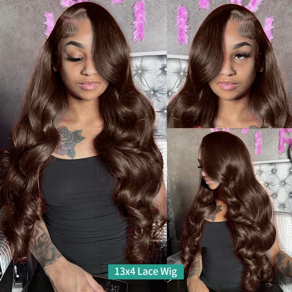 34 Inch Chocolate Brown Body Wave 13x4 HD Lace Front Human Hair Wigs Pre Plucked Brown Transparent Lace Frontal Wigs Synthetic For Women