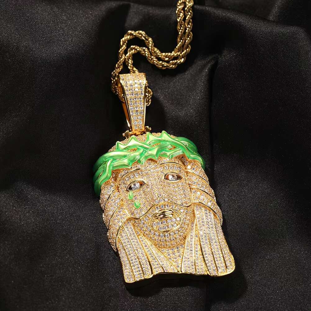14k Gold Two Tone Huge Spooky Big Jesus Head Zircon Dark Glowing Tear Crown Charm Iced Out Jumbo Pendant Cubic Zirconia Necklace