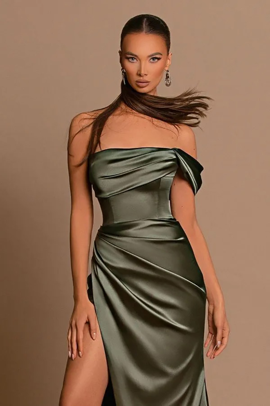 One Shoulder Mermaid Long Bridesmaid Sexy High Split Ruched Maid Of Honor Dresses Bride Gowns Wedding Guest Women Marriage Free shipp