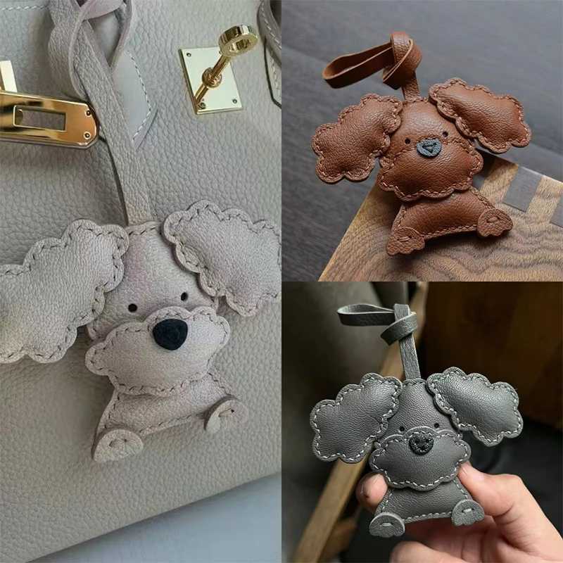 Teddy Dog Genuine Leather Handmade Bag Charm Pendant Keychain Hanging Ornament Handbag Purse Exquisite Decor Keyring Accessories XJ250619