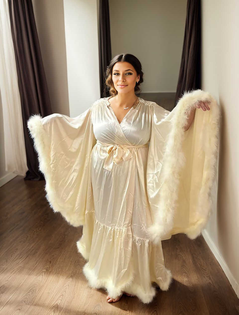 Vintage Slik Robe Dress Feather Bath Gown Long Sleeves Pregnant Wedding Anniversary Bride Sleepwear Nightwear Custom Made