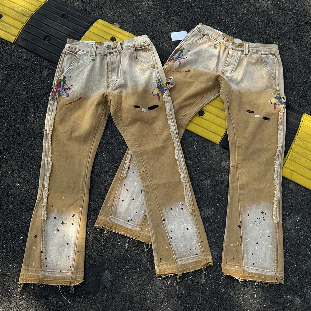 Retro Streetwear Splashed Ink Spliced Baggy Jeans Los Angeles Trendy Tid Die Denim Trousers Men Women Vintage Denim Pants 250617