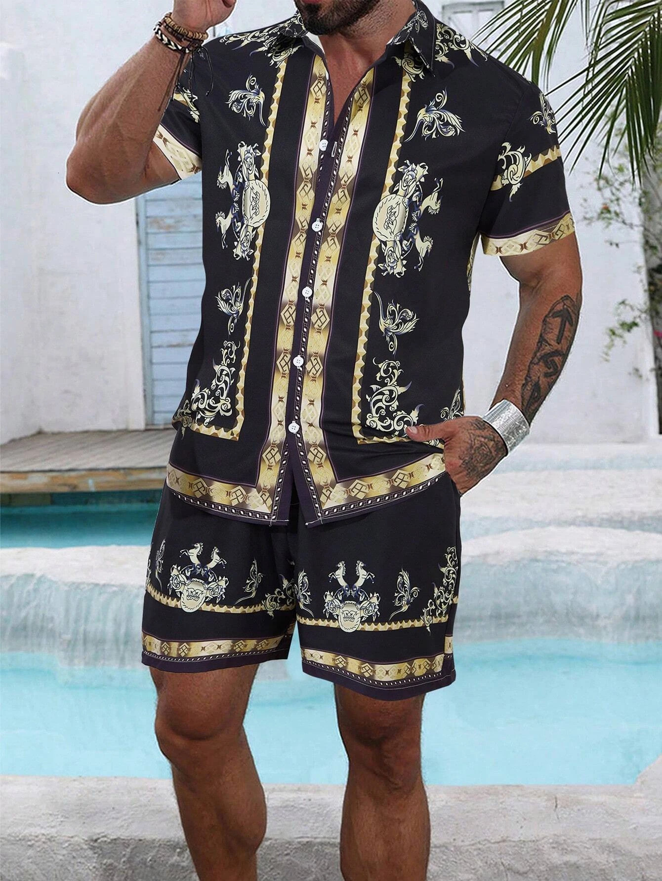 Striped shirt set Mens Short-sleeved Shirt Summer Short-sleeved Shirt Beach Shorts Mens Suit Street Casual y2k Shorts Leisure 250618