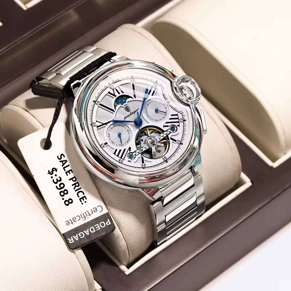 DHgadgets 1413 Luxury Skeleton Tourbillon Automatic Mechanical Waterproof Luminous Stainless Steel Men's Watch