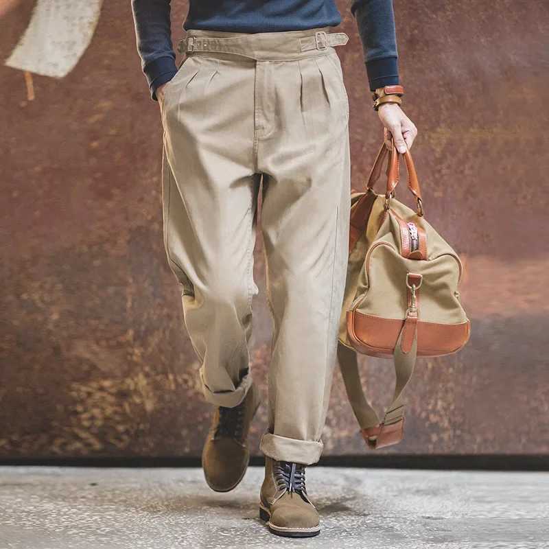 Maden Vintage Khaki Gurkha Pants Adjustable High Waist Casual Cargo Work Pants Classic Straight Trousers Mens Spring and FallXJ250618