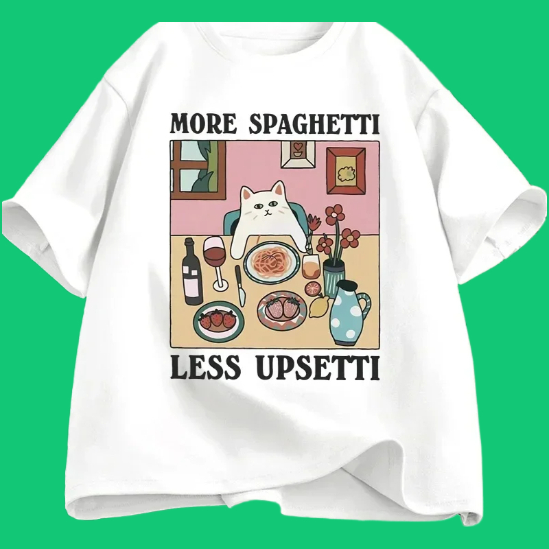 More Spaghetti Less Upsetti Cat T-Shirt Funny Cat Lover Tee Food Humor Graphic Top for Women Casual Loose Print Tee 2025 New