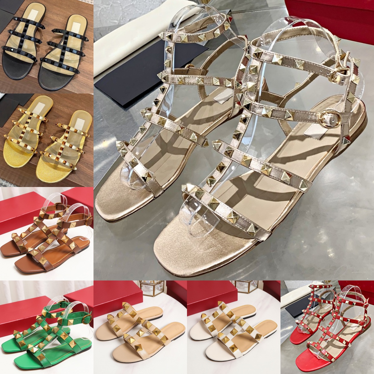 Casual Sandals Designer Slip-On Rockstud Flat Sandal Leather women Flip Flops Slides Ankle Strap Sandal Black White Pink Gold Brown Green Red Slide x8iq#