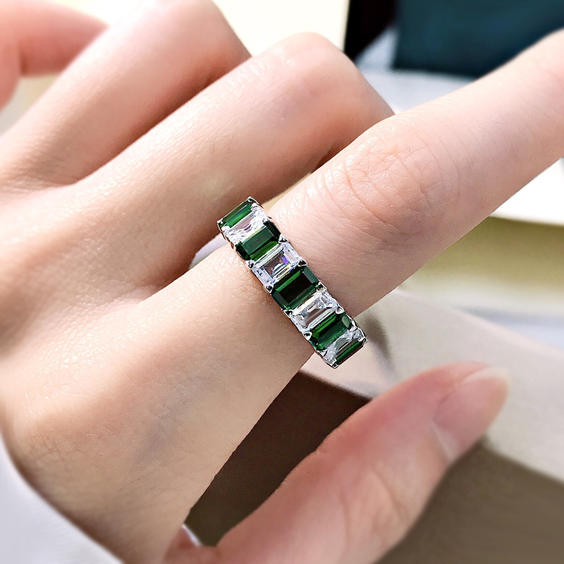 Moissanite Diamond Emerald Cut Eternity Band 925 Sterling Silver Wedding Moissanite Ring