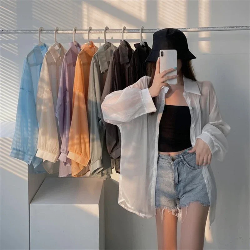 Women Shirt Long Sleeve Top Blouse Female Chiffon Loose Sexy Solid Summer Cardigan Thin Color Casual Shirt Outerwear 250619