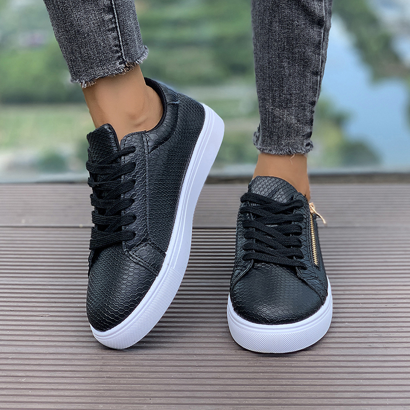 Women's Flat Sneakers Lightweight Comfortable Women's Board Shoes Fashion Hundred Snakeskin Pattern Side Zipper White Casual Shoes