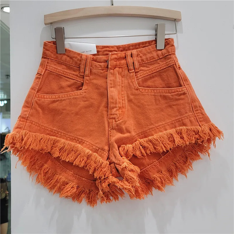 Orange Denim Shorts Women Green Pants Summer Womans Clothing All-Match Ins Fashion Wide-Leg Ripped Tassel Shorts 250614