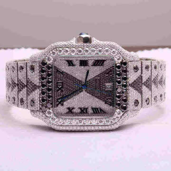 Antique Style Moissanite Black White Dia Hip Hop Fancy Watch with Stainless Steel Band Roman Numbers