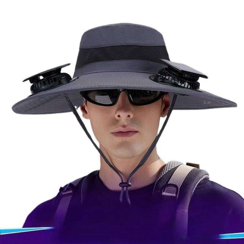 Double Fan For Men Summer Outdoor Fishing Sun Protection Visor Fisherman 12CM Wide Brim Breathable Bucket Hat Male