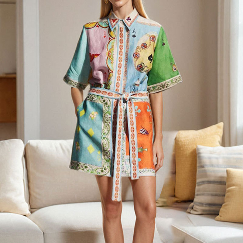 Women Dresses Designer Spring Evening Dress Beach Dresses Fashion Printed Elegant Turn Down Collar Tie Short Sleeve Dress Luxury Dress Birthday Dress