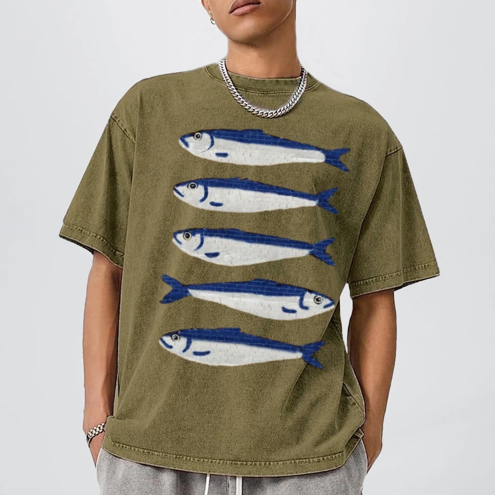 Gojo Cartoon Salted Fish Print Womens Loose T-Shirt Oversized Wash Short Sleeve Summer 2025 Fashion Casual Top 250618