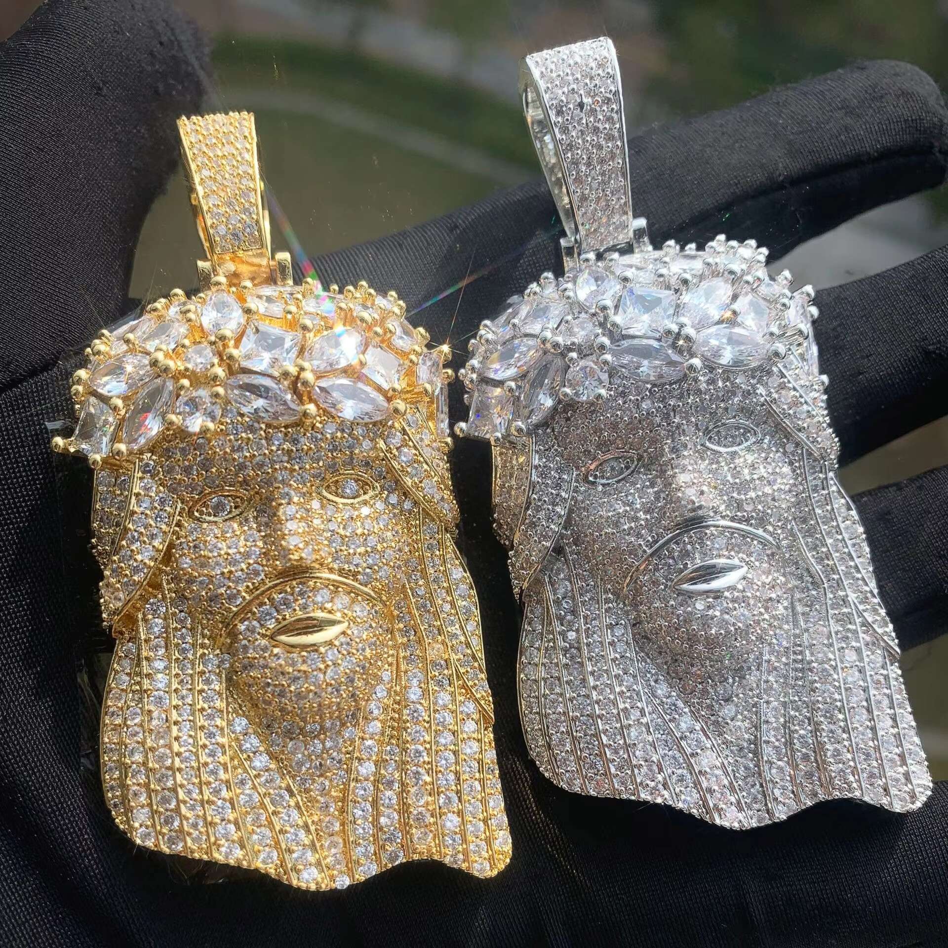 14K Gold Finish Huge Spooky Big Jesus Head Marquise Zircon Charm Iced Out Crown Jumbo Pendant Cubic Zirconia Necklace for Men