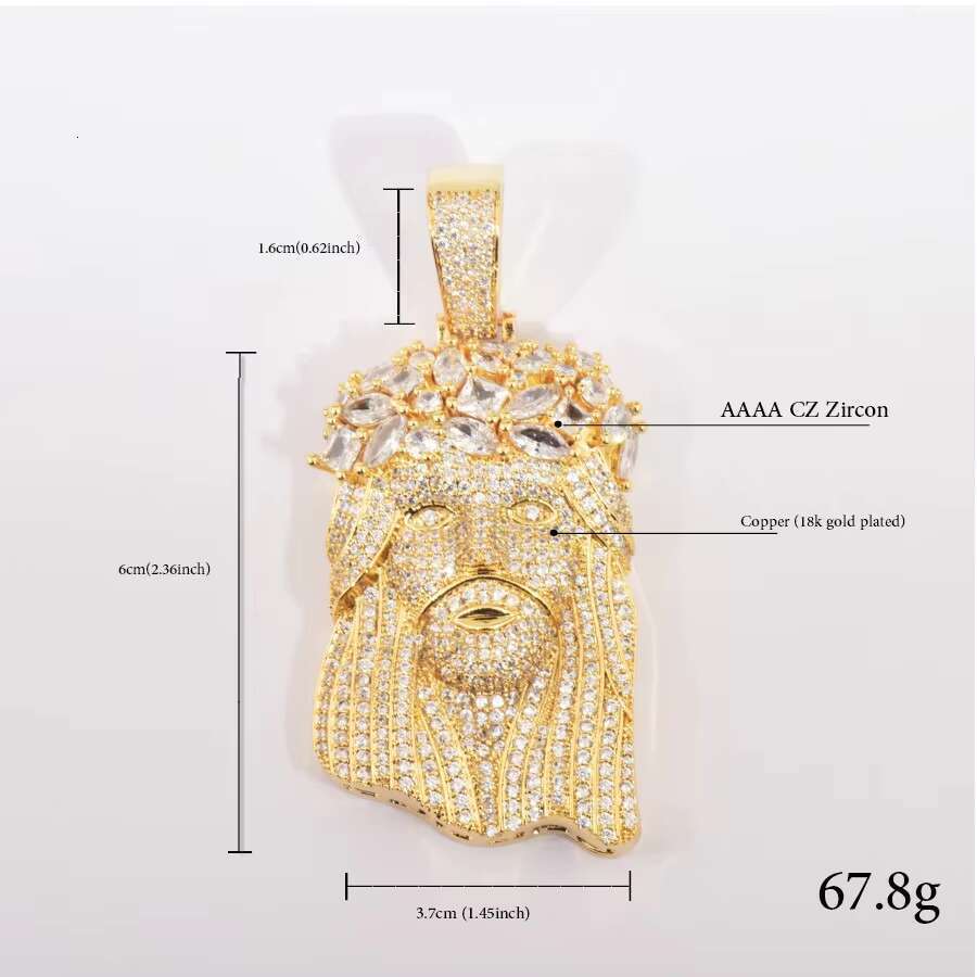 14K Gold Finish Huge Spooky Big Jesus Head Marquise Zircon Charm Iced Out Crown Jumbo Pendant Cubic Zirconia Necklace for Men