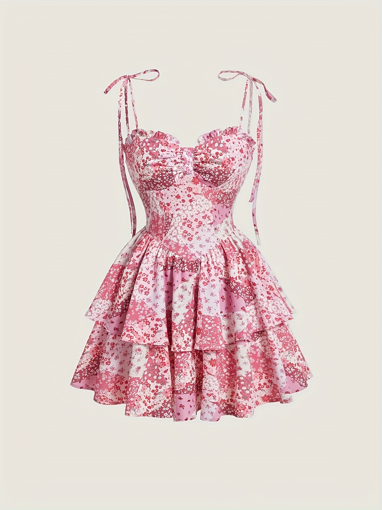 P6191European and American new floral sling cake skirt European and American cross-border retro pink double-layer hem dress women's skirt