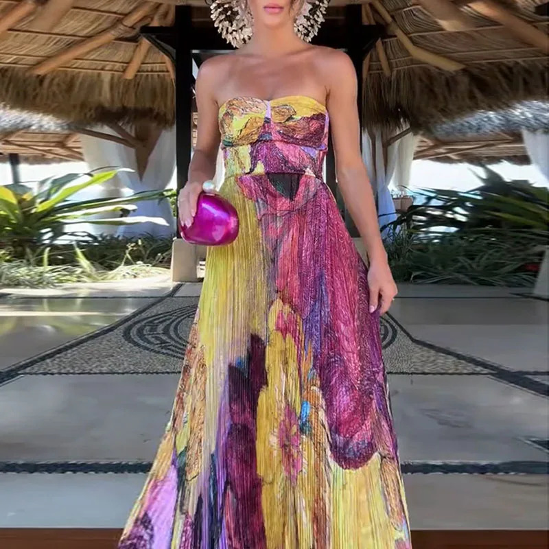 2025 Sexy Sling High Waist Party Dress Woman Elegant Pleated Print Robes Dress Summer Fashion Sleeveless Hollow Boho Dresses 250618