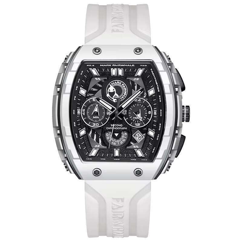 DHgargets Mark Fairwhale Men's Multifunctional Quartz Watch 45mm Barrel Dial Wristwatch with Silicone Strap Steel Case Casual Sports Charm