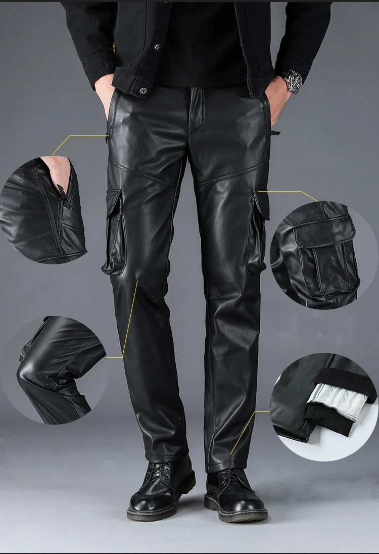 Men's Multi Pockets Motorcycle Soft Waterproof Windproof Biker Workwear PU Faux Leather Cargo Pants y250614