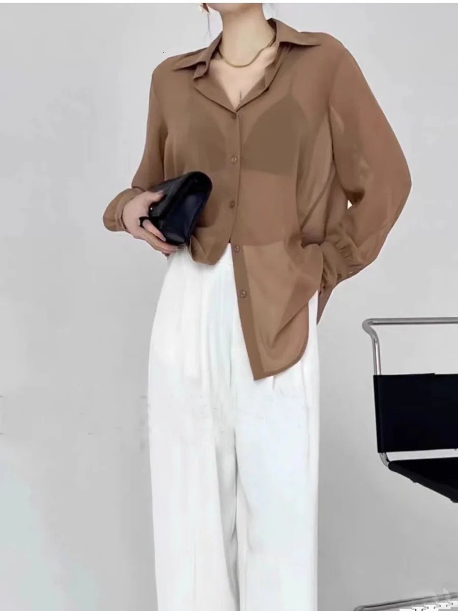 Sun-proof Transparent Shirt Female Mesh Long Sleeve Top Solid Color Summer Loose Chiffon Blouse Korean Fashion Cardigan Ladies 250619