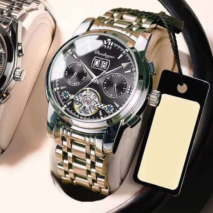 DHgargets Automatic Mechanical Tourbillon Business Wristwatch Hollow Waterproof Stainless Steel Men Watches Relojes Hombre