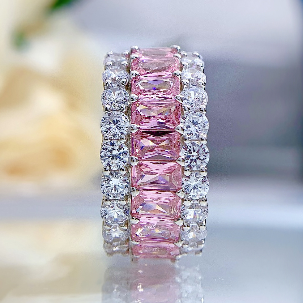 Elegant Moissanite Ring 925 Sterling Silver Band Featuring White/Blue/Pink Gemstones