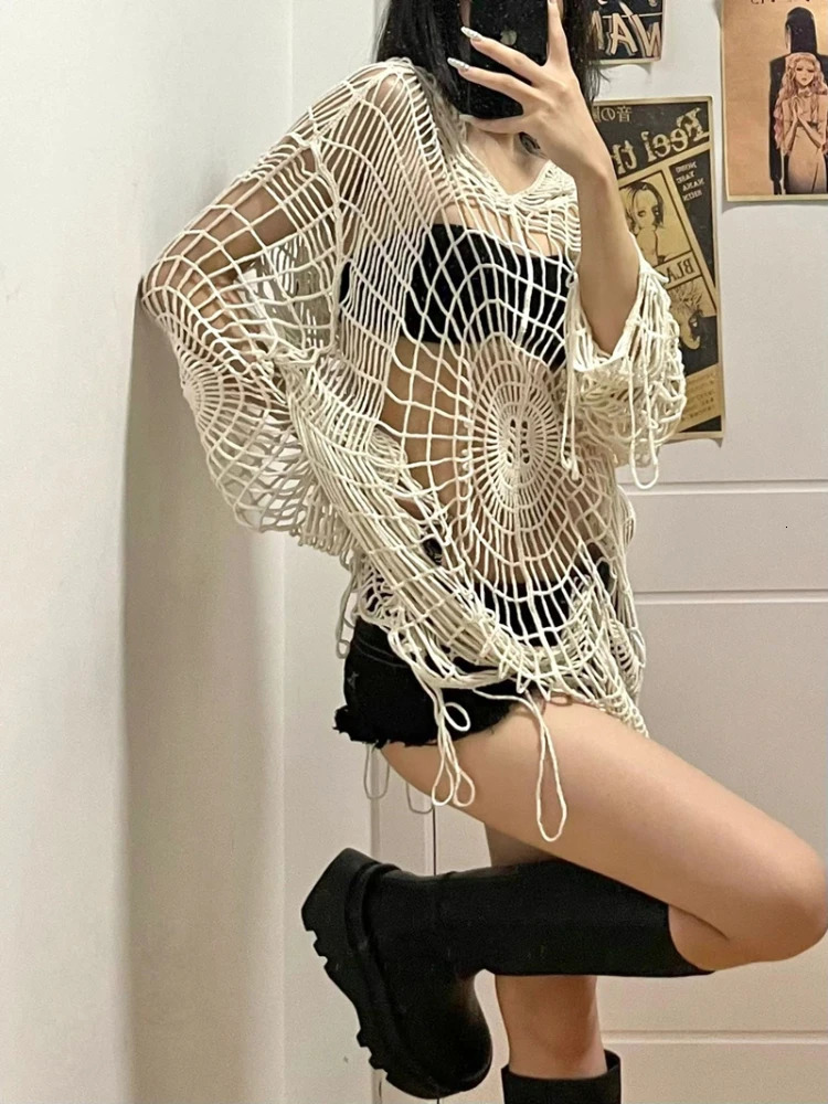 ADAgirl Y2k Spider Web Hollow Out Sweaters Hole Crochet Knit Top Punk Grunge E-Girl Pullover Hoohed Streetwear Goth Mesh Clothes 250618