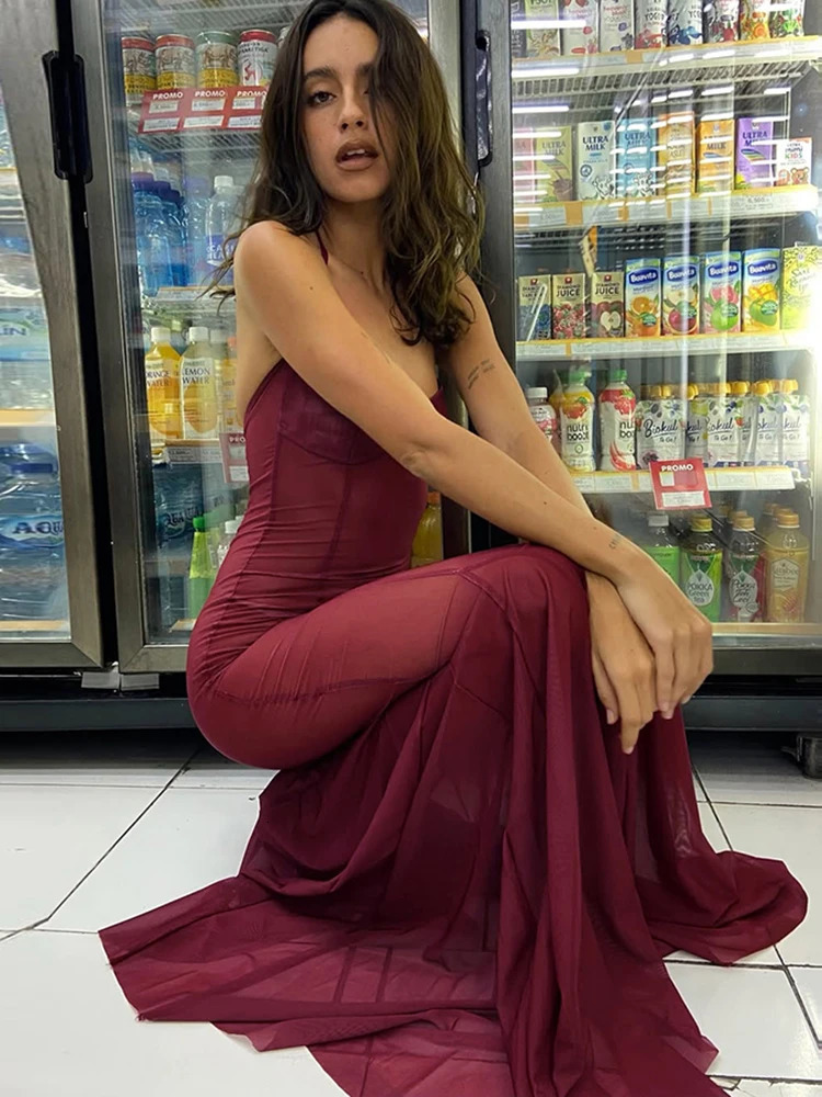 kliou Sexy Mesh Women Maxi Dresses Solid Halter Suspendency Bandage See Through Backless Straight Vestido Banquet Mujer Robe 250616