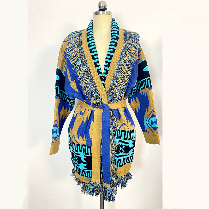 853971G01 Women's Outerwear & Coats Autumn and Winter Long Sleeves Cape Wool Blend Knitted Cardigan Loose Bohemian Vintage Jacquard
