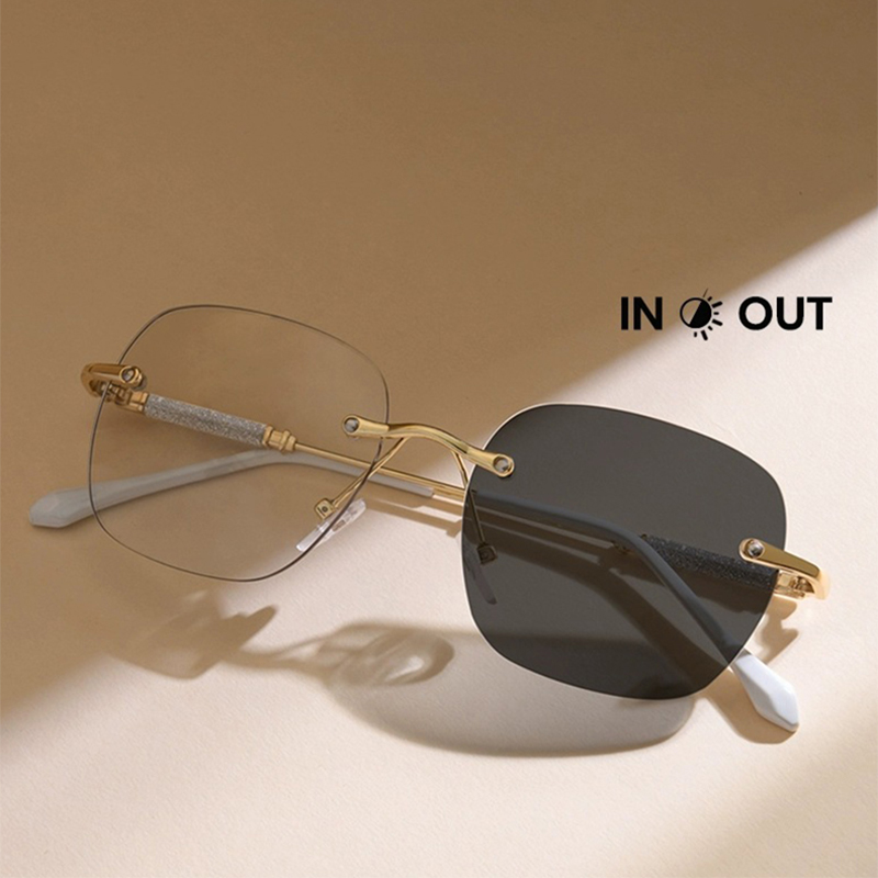 Rimless Photochromic Sunglasses for Women Men Lightweight Frameless UV Protection Eyewear