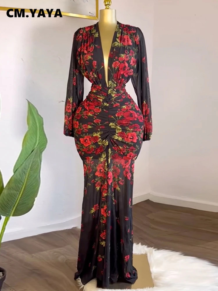 CMYAYA Women Full Sleeve Floral Print Vneck Elegant Long Dress Ruched Holiday Birthday Evening Sexy Party Dresses Vestidos 250609