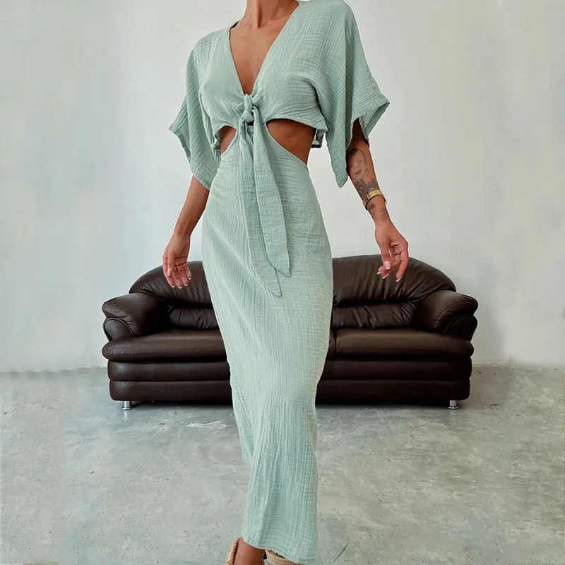 Solid Cotton Linen Dresses Women Sexy Spring V Neck Hollow Out Long Dress Summer Backless Batwing Sleeve Slim Party Robe Femme 250618
