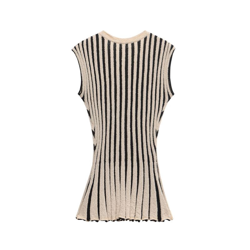 2025 Spring/Summer New Casual Women's Clothing Striped Cut Shoulder Down Coat Round Neck Buckle Decoration