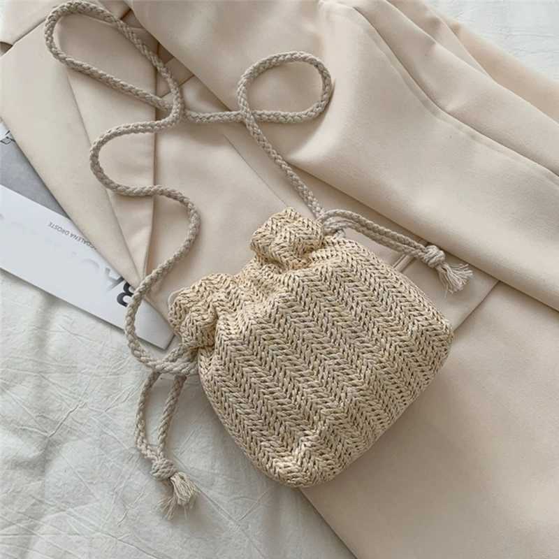 Fashion Small Shoulder Women Straw Drawstring Bucket Bag Flower Embroidery Beach Bags Summer Ladies Crossbody Handbags Z250619