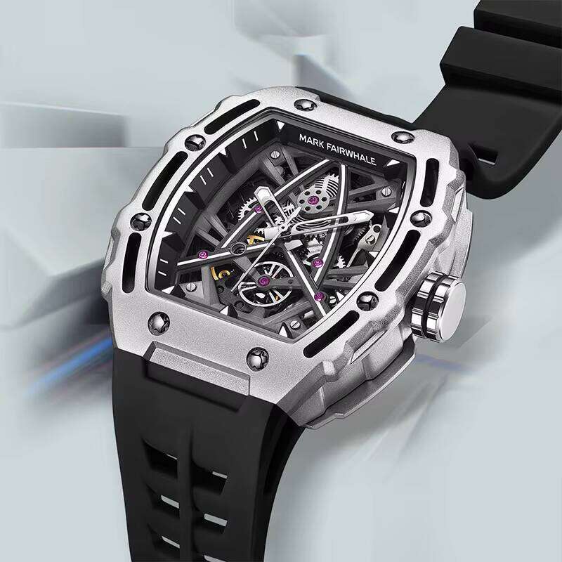 DHgargets Mark Fairwhale 6650 FW-6650 Sports Silicone Strap Mechanical Wristwatch Automatic Tonneau Watch Men Fashion Skeleton Watches
