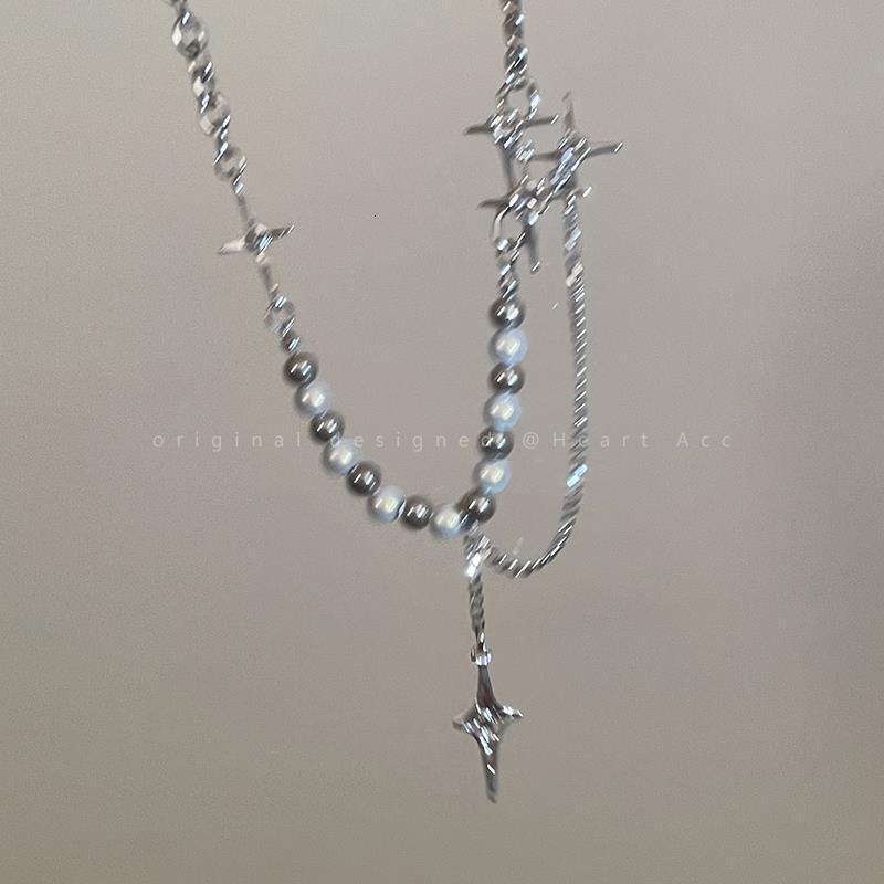 Luxury Premium Y2K Spice Girl Iridescent Pearl Cross Steel Trendy Hip Hop Streetwear Splice Collar Statement Chain for Women Silver fashion jewelry ne