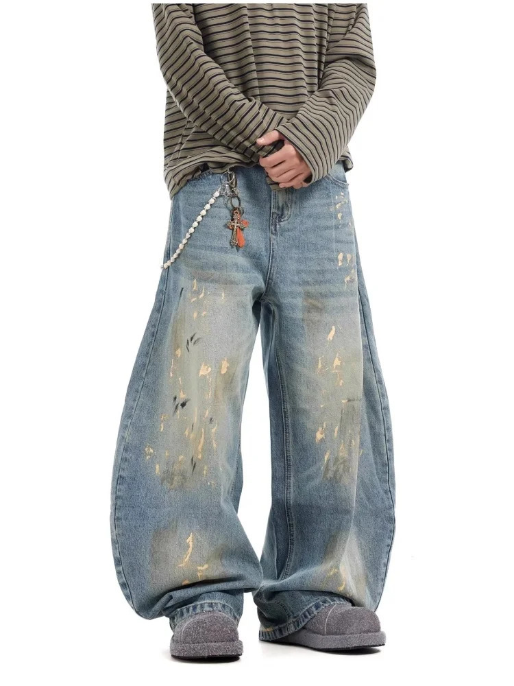 2025 Cyber Y2K Streetwear Paint Graffiti Blue Baggy Jeans Pants For Men 90S Vintage Clothes Distressed Wide Leg Denim Trousers 250617