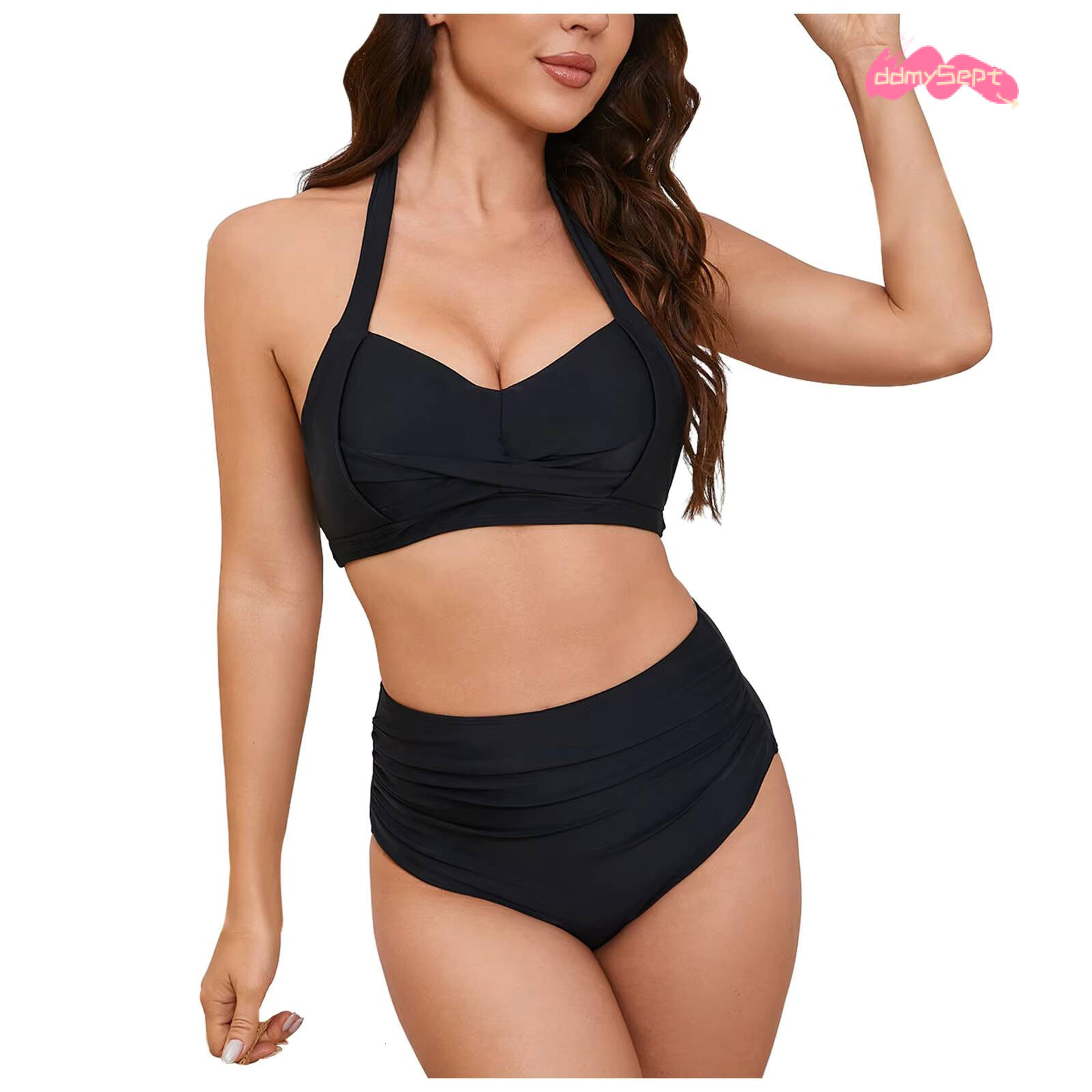 2025 Tankinis Women Two Piece Set Summer Vintage Swimsuit Retro Sling Neck Ruched High Waisted Bikinis Sets With Bottom Trendy ddmysept