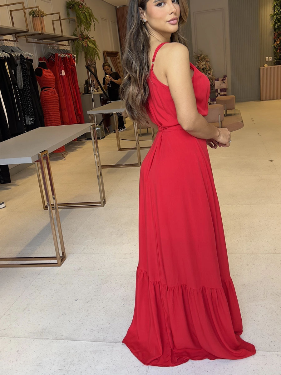 L6181Temperamental and slim suspender V-neck lace-up splicing ruffled hem wide slit long dress