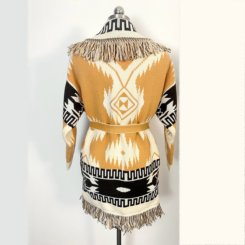 853971G01 Women's Outerwear & Coats Autumn and Winter Long Sleeves Cape Wool Blend Knitted Cardigan Loose Bohemian Vintage Jacquard