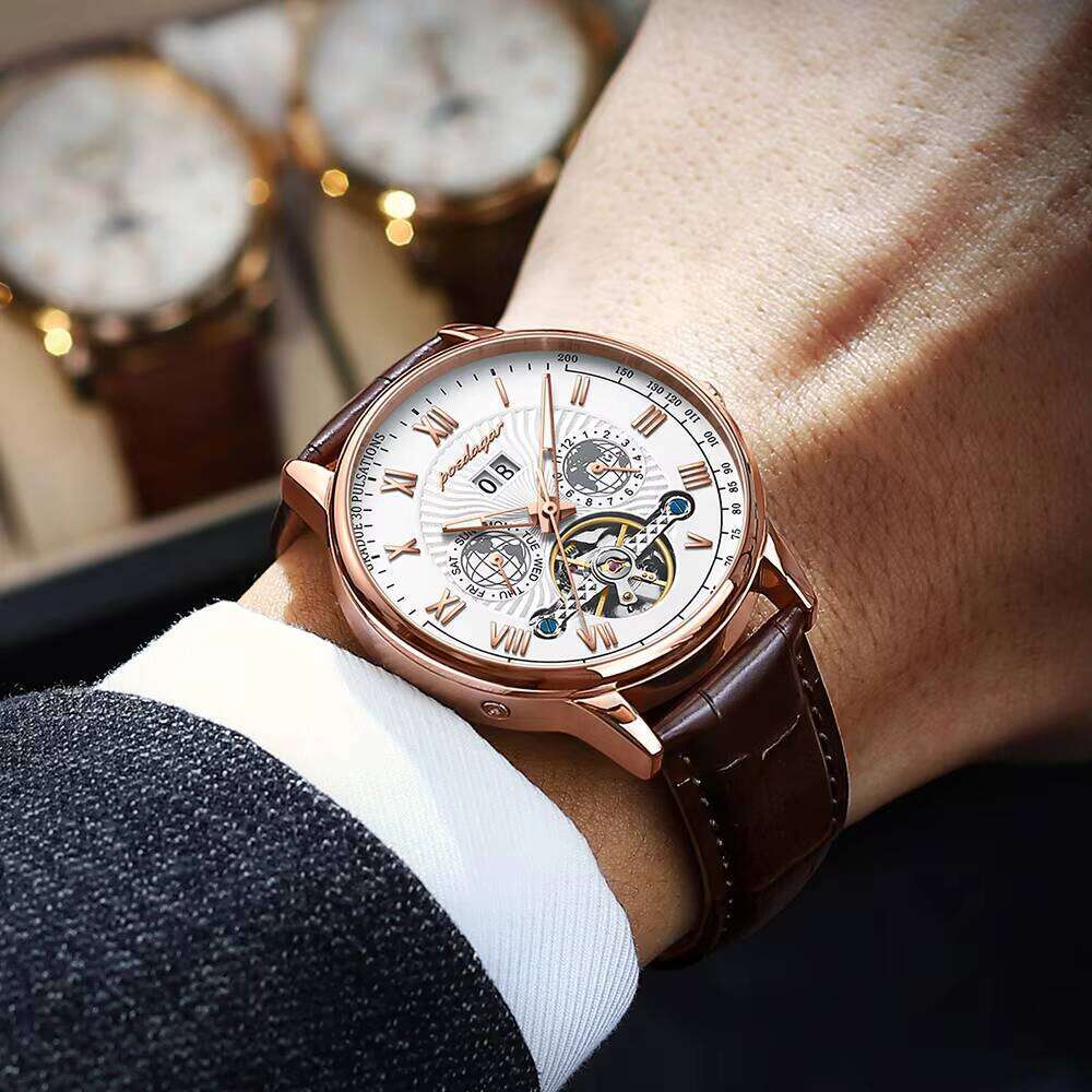 DHgargets Automatic Mechanical Tourbillon Business Casual Date&Week&Month Luminous Waterproof Leather Men Watch Hot Relojes