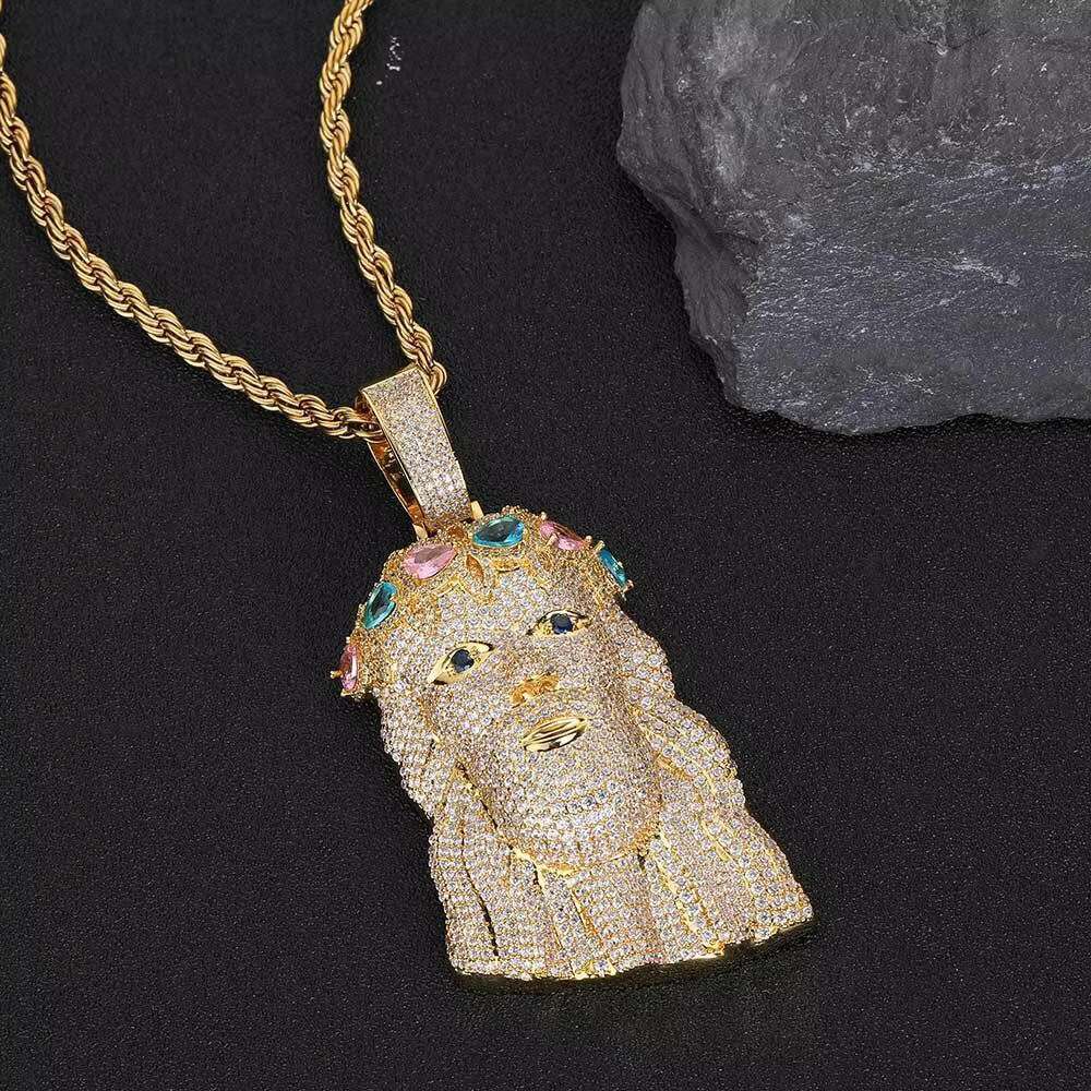 Huge Spooky Silver Icy Jesus Head Zircon Color Gem Crown Charm Iced Out Jumbo Pendant Cubic Zirconia Necklace