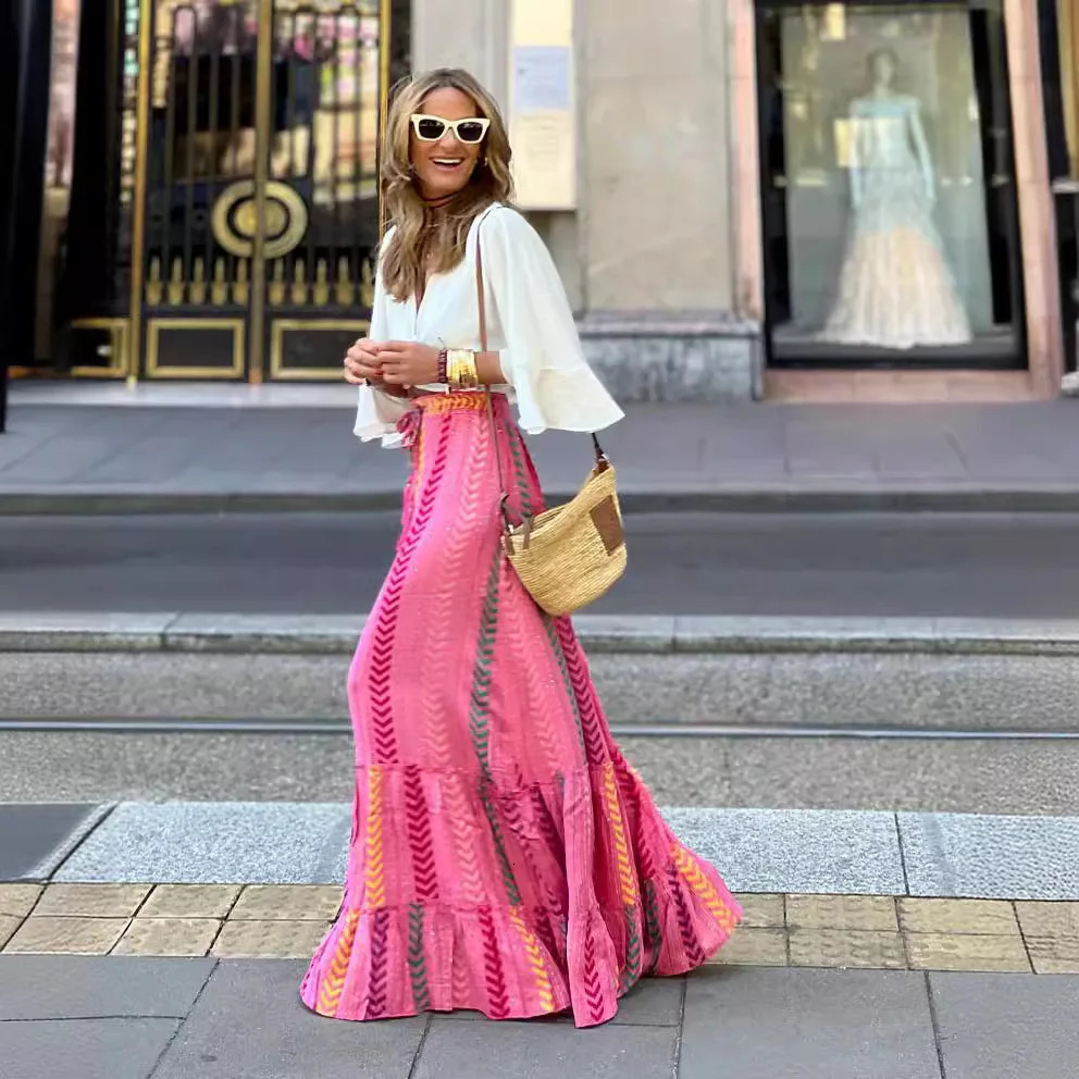 Women A-line Skirt Beach Holiday Print Lace-up Skirt Casual Long Skirt Loose High Waist Bohemia Summer Skirts for Women Clothes 250619