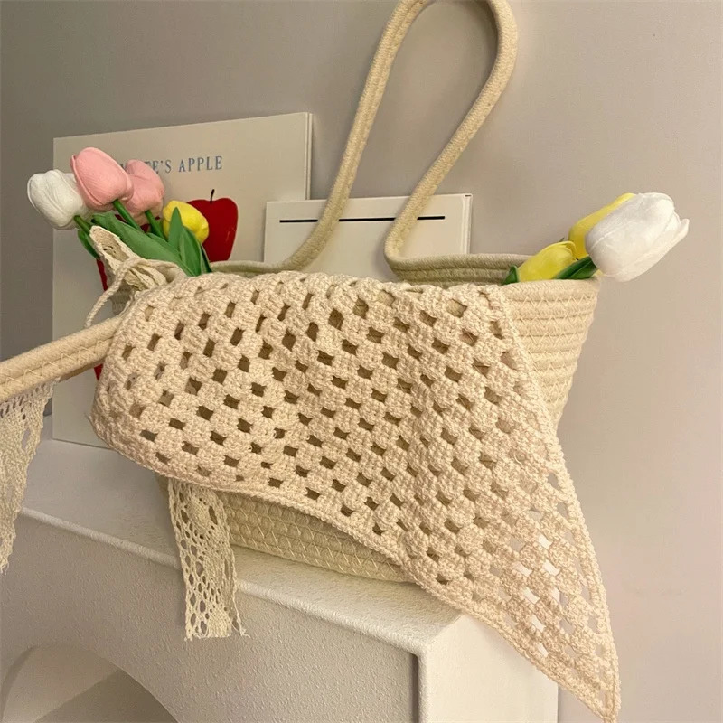 French Hollow Triangle Headband Towel For Women Beige Crochet Headbands Bandana Summer Travel Literary Po Hair Scarf Bands 250617