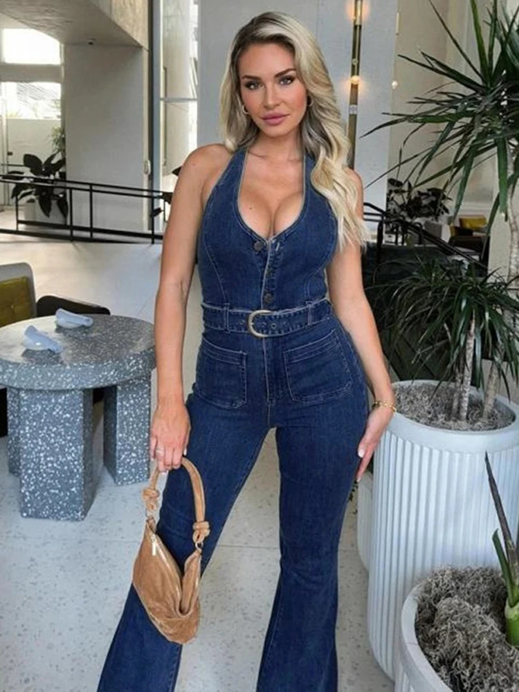 Summer Womens Denim Halter Sleeveless Jumpsuit With Chic Buttons Stretch Slimming Waist Romper Streetwear Trendy Outfit 250619