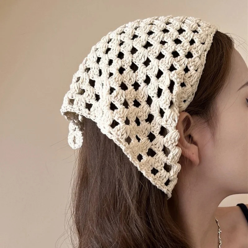 French Hollow Triangle Headband Towel For Women Beige Crochet Headbands Bandana Summer Travel Literary Po Hair Scarf Bands 250617